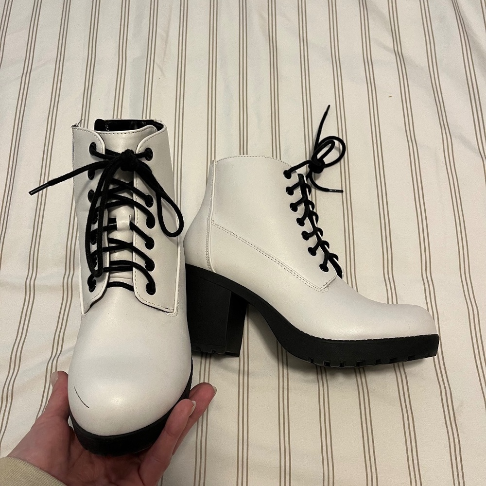 White chunky heeled boots